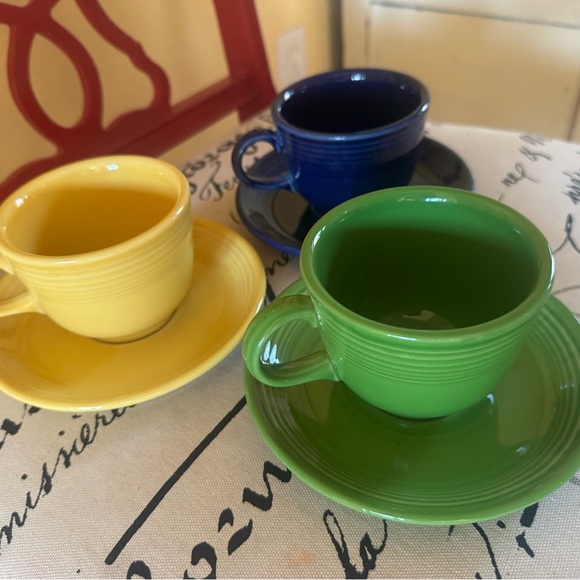 Fiestaware 3 Tea Cups and Saucers Green, Yellow Blue - Picture 1 of 5